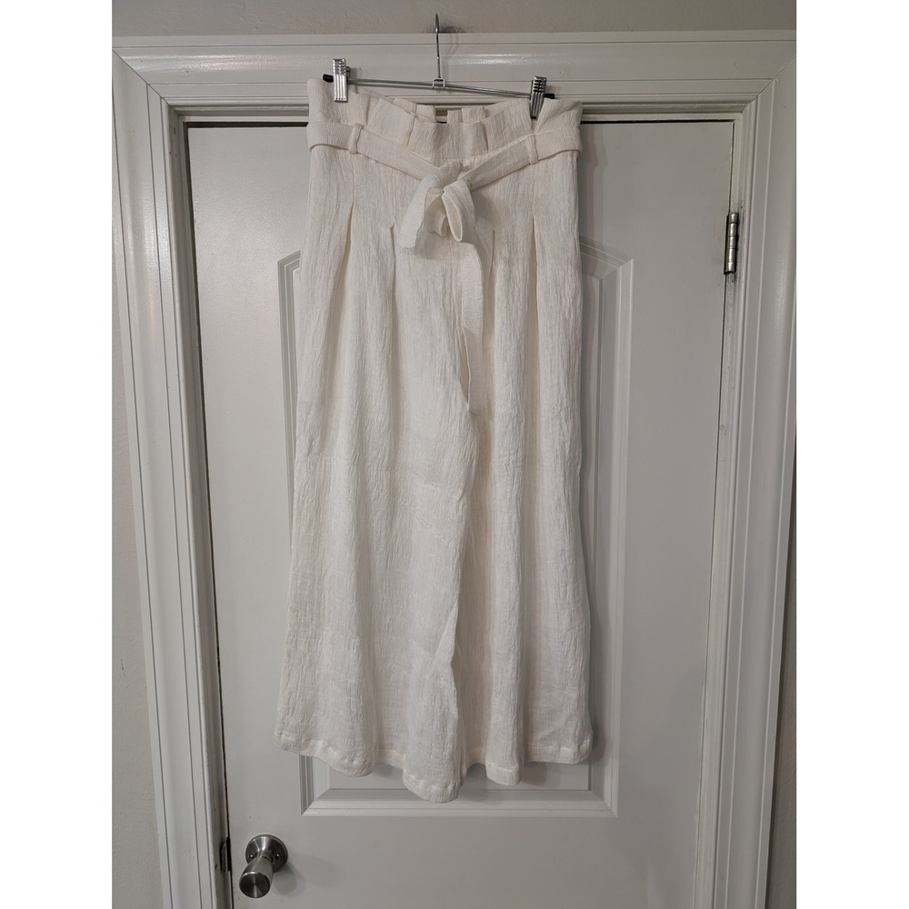 Endless Rose White Textured Paperbag Waist Wide‎ Leg Crop Pants Women's large